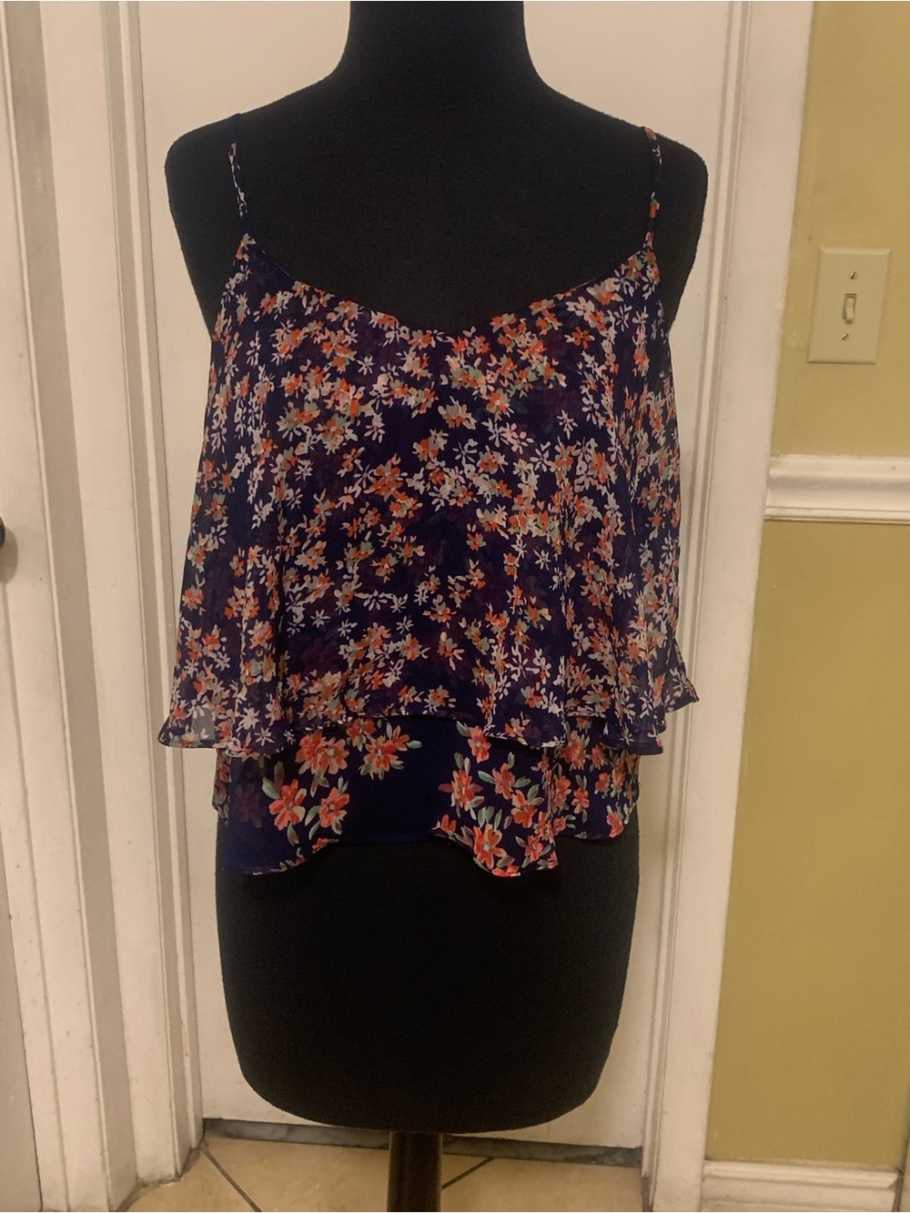 Express Floral Layered Spaghetti Strap Tank Top - Navy